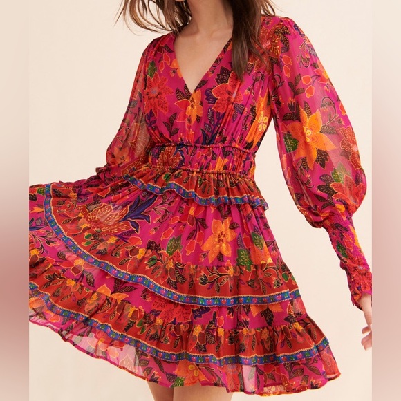 FARM Rio Dresses & Skirts - Farm Rio Tropical Tapestry Mini Dress Long Sleeve Floral Pink Size Medium
